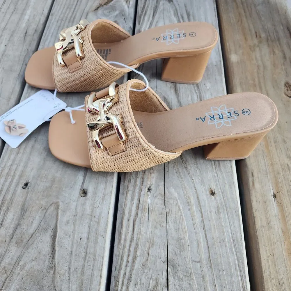 Serra Brown Block Heel Woven Design Gold Buckle Sandles Womens Size 9